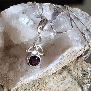 Women's 925 Rhodolite Garnet Celtic Knot Necklace on 925 18" Box Chain.
